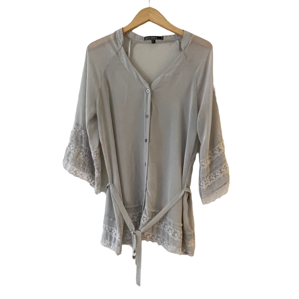 Love Stitch Bell Sleeve Chiffon Top Large Gray Lace Trim Belted Sheer Button Up